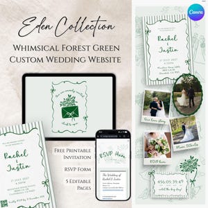 Sito web per matrimoni EDEN in stile foresta incantata color verde / Modello Canva modificabile / Invito digitale ottimizzato per dispositivi mobili / Conferma di partecipazione / Lista nozze / Conto alla rovescia