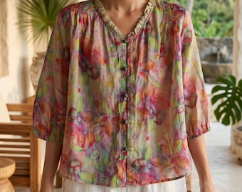 Chemisier en lin aquarelle fleuri, haut boutonné à col à volants, chemise bohème cottagecore