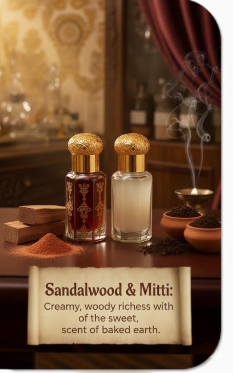 Aceite de perfume terroso natural Attar de sándalo y mitti, Attar indio amaderado, fragancia duradera sin alcohol imagen 1