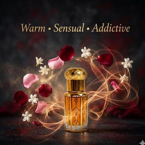 May include: A perfume bottle with a gold cap and ornate detailing, containing amber liquid. The image includes the words "Warm • Sensual • Addictive", with floating rose petals, jasmine flowers, and glowing light trails.