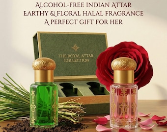 Ruh Khus Vetiver Rose Attar Set, Alcohol-Free Indian Fragrance, Perfume Oil,Gift For Her