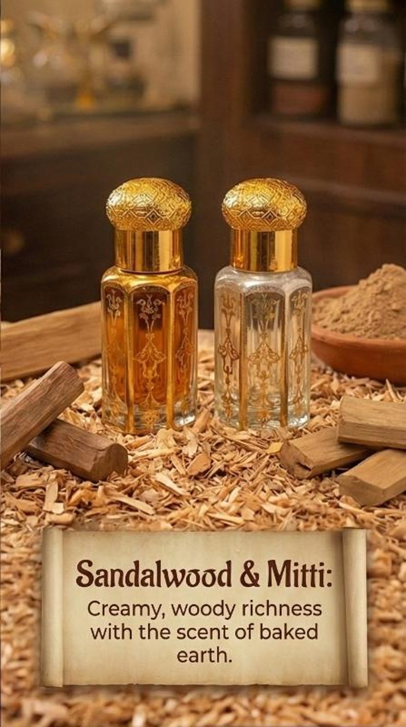 Puede incluir: Dos frascos de perfume ornamentados con tapas y detalles dorados, uno lleno de l&iacute;quido &aacute;mbar, el otro transparente. Los frascos est&aacute;n sobre virutas de madera con trozos de s&aacute;ndalo y un cuenco con polvo. Texto: "S&aacute;ndalo y Mitti: Cremoso, riqueza amaderada con el aroma de tierra horneada."