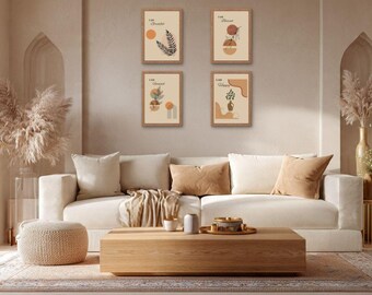 Boho Botanical Print Set, Beige Scandinavian Gallery Wall Art (Digital Zip File Download)