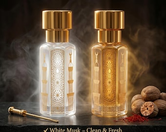 White Musk & Oud for Glory Attar Combo Set | Clean Fresh Musk + Saffron Oud Perfume Oil | Long Lasting Alcohol-Free Halal Fragrance Gift Set
