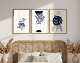 Boho Botanical Wall Art Set, Navy Blue Abstract Prints (Digital Download)