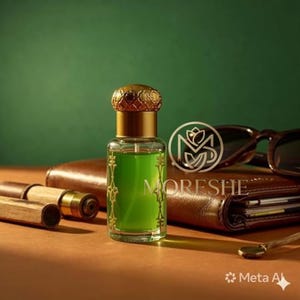 May include: A clear glass perfume bottle containing bright green liquid, featuring a gold-toned ornate cap and gold decorative vertical lines on the sides. The bottle is positioned near a brown leather wallet and dark sunglasses on a flat surface.
