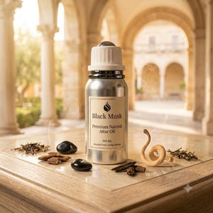 May include: A silver-colored metal bottle with a white rollerball cap, labeled Black Musk Premium Natural Attar Oil 100 ML Alcohol Free Long Lasting. The bottle is surrounded by small black stones, wood chips, and a light-colored wooden spiral.