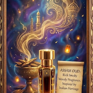 Puede incluir: Un frasco de perfume con tapa dorada y diseño intrincado, exhibido sobre un soporte de madera. El fondo presenta una ilustración estilizada con una mezquita, humo y el texto "ASSAM OUD: Rich Smoky Woody Fragrance, Inspired by Indian Heritage."