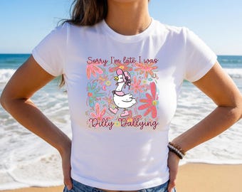 Dilly Dally Goose Baby Tee – Funny Silly Goose Graphic Shirt with Flowers