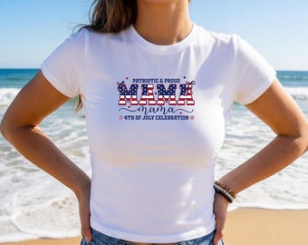 American Mama Baby Tee, Patriotic USA Flag Sequin Top, 4th of July Celebration Shirt