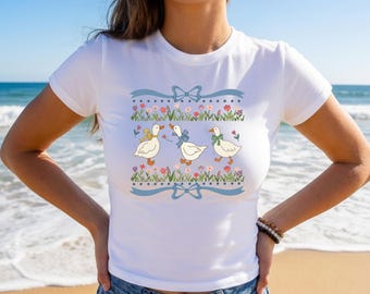 Vintage Goose Baby Tee, Floral Geese Crop Top, Gift for BFF