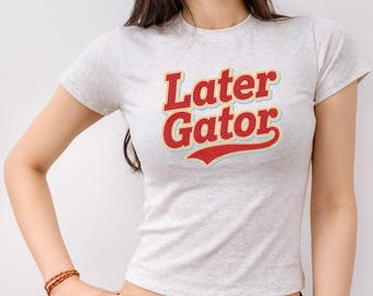 Later Gator Sequin Baby Tee, Retro Y2K Graphic Top, Red Yellow Bling Shirt