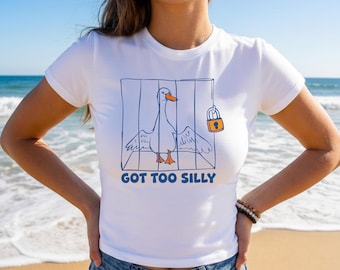 Silly Goose Baby Tee, Caged Goose Graphic, Y2K Cotton Blend Shirt