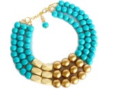 COLOR BLOCK Wood Necklace - Turquoise Statement Necklace Turquoise and Gold Beaded Necklace - Anthropologie Inspired