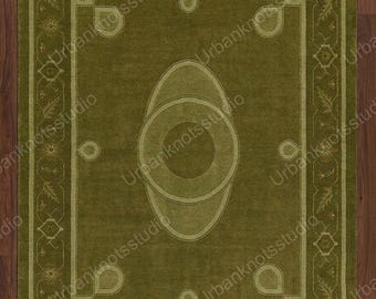 Hand Knotted Wool Rug Olive Green Medallion Area Rug, Minimal Traditional Bedroom Rug, Solid Border Living Room Carpet