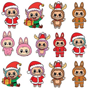 May include: A collection of cartoon characters in festive costumes, including Santa, reindeer, bunny, and elf designs. Each character has a unique expression and is dressed in holiday-themed outfits, with a white background.