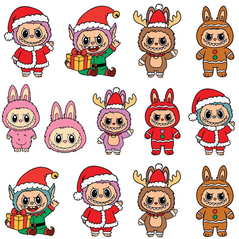 May include: A collection of cartoon characters in festive costumes, including Santa, reindeer, bunny, and elf designs. Each character has a unique expression and is dressed in holiday-themed outfits, with a white background.
