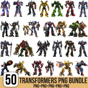 May include: A collection of 50 Transformers PNG images in various poses and colors, including blue, red, yellow, green, and silver. The text "50 TRANSFORMERS PNG BUNDLE" is displayed at the bottom.