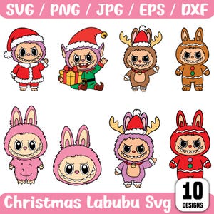 May include: A collection of ten Christmas-themed Labubu SVG designs. The cartoon characters are dressed in festive outfits, including Santa Claus, elf, reindeer, gingerbread man, and bunny costumes. The image includes the text "Christmas Labubu Svg" and "10 Designs".