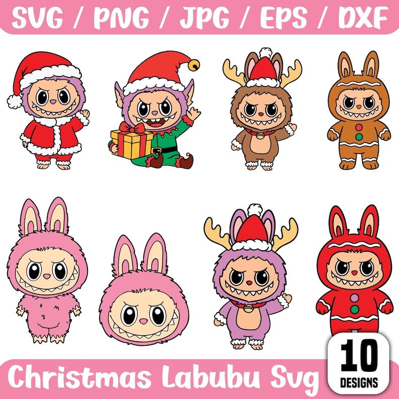 May include: A collection of ten Christmas-themed Labubu SVG designs. The cartoon characters are dressed in festive outfits, including Santa Claus, elf, reindeer, gingerbread man, and bunny costumes. The image includes the text "Christmas Labubu Svg" and "10 Designs".