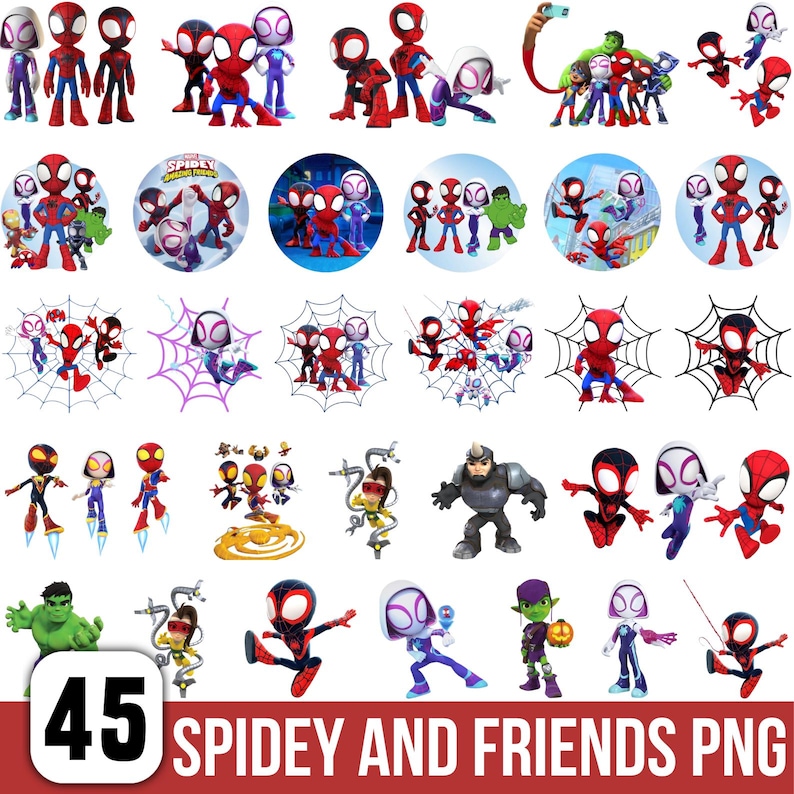 May include: A collection of 45 Spidey and Friends PNG images. The images feature various characters from the Spider-Man universe, including Spider-Man, Spider-Gwen, and Hulk. The images are in various poses and settings.