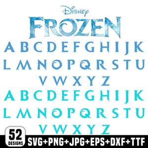 Può includere: Un set di design digitale con la parola "FROZEN" in blu ghiaccio e l'alfabeto in due tonalità di blu. L'immagine include il logo Disney e una grafica che indica 52 design disponibili nei formati SVG, PNG, JPG, EPS, DXF e TTF.