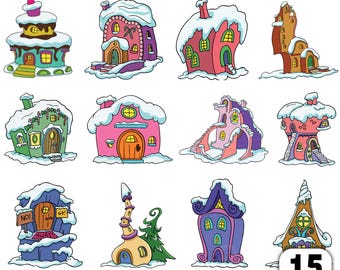 Christmas Village Houses Svg, Christmas Village Clipart, Winter Cartoon House Clipart, Cute Snow Houses Bundle, Holiday Craft Png, Cricut