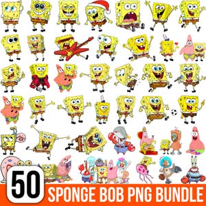 Może przedstawiać: Kolekcja 50 cyfrowych ilustracji przedstawiających SpongeBoba Kanciastoportego i przyjaciół w różnych pozach i strojach, w tym Patryka Rozgwiazdę, Skalmara Obłynoska i Pana Kraba, z tekstem 50 SPONGE BOB PNG BUNDLE na dole.