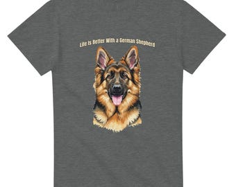May include: Dark gray t-shirt featuring a detailed illustration of a German Shepherd dog with a pink tongue. The text "Life is Better With a German Shepherd" is printed above the dog. The shirt is made of a soft material.