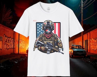 American Tactical Soldier design T-Shirt | US Flag Combat Rifle Helmet