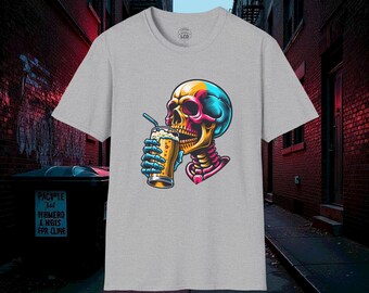 Colorful Skull Drinking Soda T-Shirt | Dripping Smiley Life Back Print