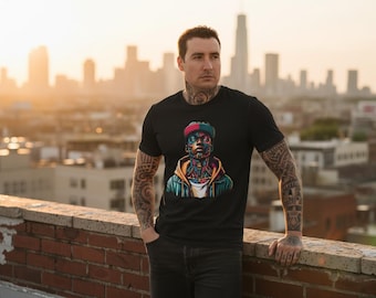 Camiseta con retrato cyberpunk neón / Estilo urbano futurista