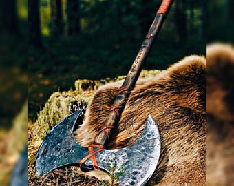 Hand Forged Double Headed Bearded Axe, Carbon Steel Two Handed Viking Axe