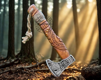 Hand Forged Carbon Steel Viking Axe, Ash Wood Handle, Leather Sheath