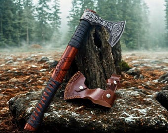 Handmade Engraved Viking Axe - Carbon Steel Hatchet, Rosewood Handle