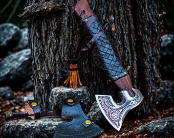 Hand-Forged Carbon Steel Viking Axe, Engraved Wood Handle, Leather Sheath