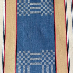 Puede incluir: Primer plano de una tela a rayas con rayas verticales en beige, azul, blanco y rojo. La sección azul tiene un patrón de cuadros. La tela se utiliza probablemente para la decoración del hogar o textiles.
