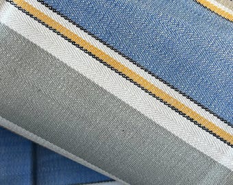 Antique Vintage 1940s Spanish Ticking Fabric by the Yard – Blue Gray Mustard Stripe Cotton, Deadstock Upholstery Cushions