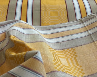 Antique Vintage 1940s Spanish Ticking Fabric by the Yard – Mustard Yellow Jacquard Stripe Cotton, 140 cm Wide Deadstock Upholstery