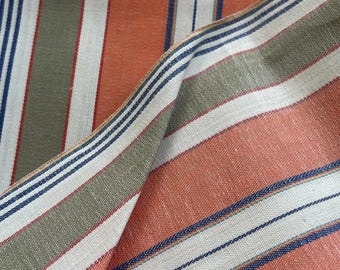 Antique Vintage 1940s Spanish Ticking Fabric by the Yard – Coral Orange Taupe Navy Stripe Cotton, Deadstock Upholstery Cushions