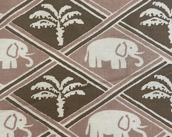 May include: A fabric featuring a repeating diamond pattern in shades of brown and light brown. Inside the diamonds, white silhouettes of palm trees and elephants are printed. The design alternates between the palm tree and elephant motifs.