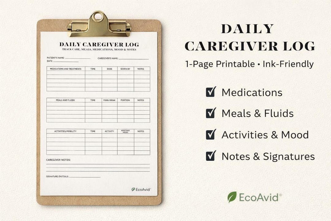 Daily Caregiver Log Printable - Patient Care Tracker, Medication and ...