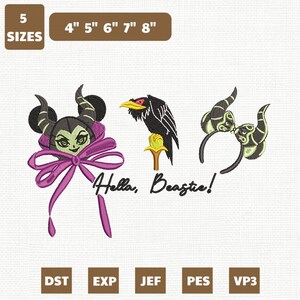 May include: An embroidery design featuring a character with horns and a large purple bow, a black raven perched on a gold staff, and a pair of horned ears with a bow. The text reads Hella, Beastie! The design is available in 4, 5, 6, 7, and 8 inch sizes.