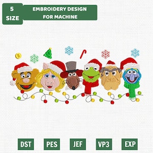 May include: Machine embroidery design featuring six Muppet characters wearing Christmas hats and scarves, arranged above a string of colorful holiday lights. Includes icons of snowflakes, a candy cane, and a tree, with file formats DST, PES, JEF, VP3, and EXP.