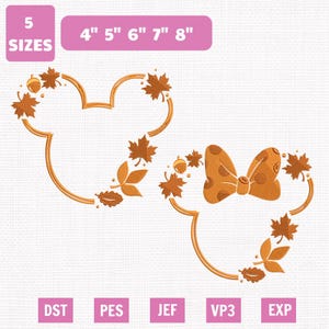 Op de afbeelding: Twee borduurontwerpen met bruine contouren van muisvormige silhouetten versierd met herfstbladeren en eikels. Eén silhouet bevat een strik met stippen. De tekst bevat 5 SIZES, 4" 5" 6" 7" 8", DST, PES, JEF, VP3 en EXP.
