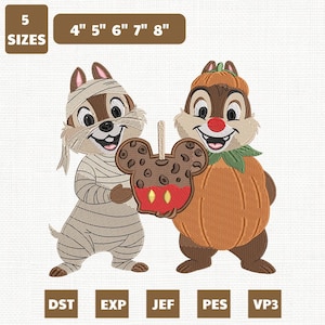 May include: An embroidery design featuring two chipmunks in Halloween costumes. One is wrapped in mummy bandages, the other wears a pumpkin suit. They hold a chocolate-dipped apple shaped like mouse ears. Text includes 5 SIZES, 4" 5" 6" 7" 8", DST, EXP, JEF, PES, VP3.
