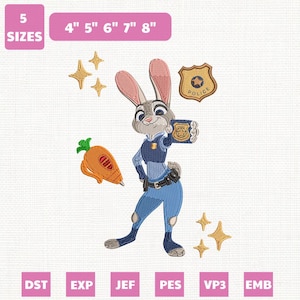Puede incluir: Un diseño de bordado con un conejo gris con uniforme de policía azul que sostiene una insignia dorada. Incluye un bolígrafo naranja con forma de zanahoria, un escudo policial dorado y estrellas amarillas. El texto indica 5 tamaños: 4", 5", 6", 7", 8".