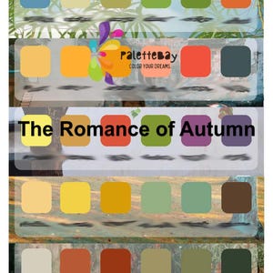 May include: A color palette graphic with the text "The Romance of Autumn" and "palettebay COLOR YOUR DREAMS." The image features several rows of color swatches in shades of blue, yellow, orange, green, and brown.