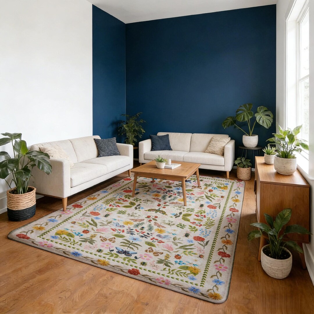 Whimsical Botanical Butterfly Area Rug | Cream Multicolor Boho Floor ...