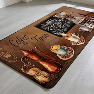 May include: Rectangular coffee-themed floor mat with a brown wooden design. The mat features coffee cups, beans, a coffee pot, and the words "Coffee Time." A chalkboard-style graphic with the word "Happiness" is also included.